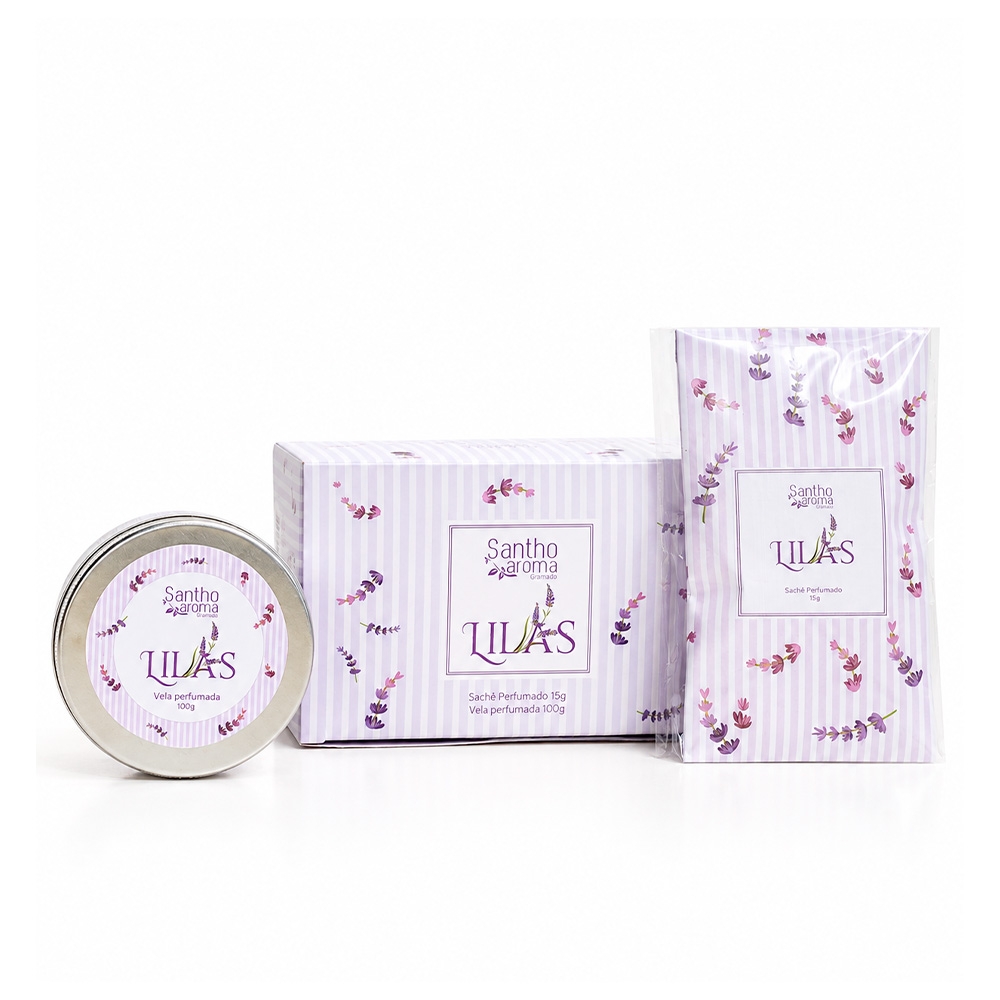 Caixa Lilás com Sachê Perfumado 15g + Vela em Lata 100g
