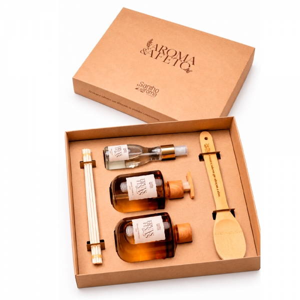 Kit Especial Aroma & Afeto Difusor 300 ml + Home Spray 120 ml + Sabonete 300 ml + Colher de Pau